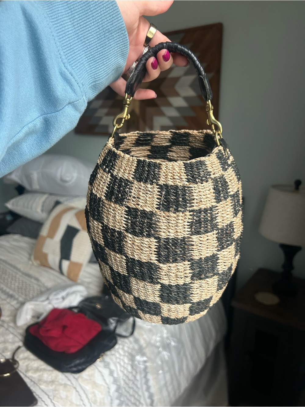 Clare V Pot de Miel Woven Checkered Straw Mini Handbag - Black & Natural - Picture 2 of 5
